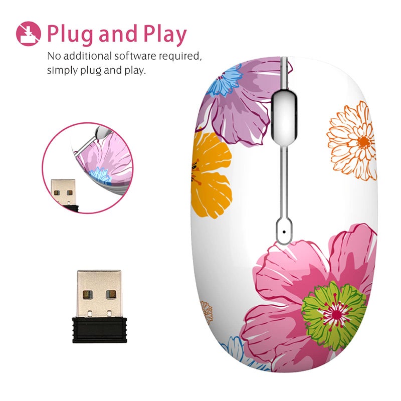 TENMOS M101 Wireless Mouse Cute Silent Computer Mice with USB Receiver, 2.4G Optical Wireless Travel Mouse 1600 DPI for Laptop, Notebook, PC, Computer (Flower) - Image 5